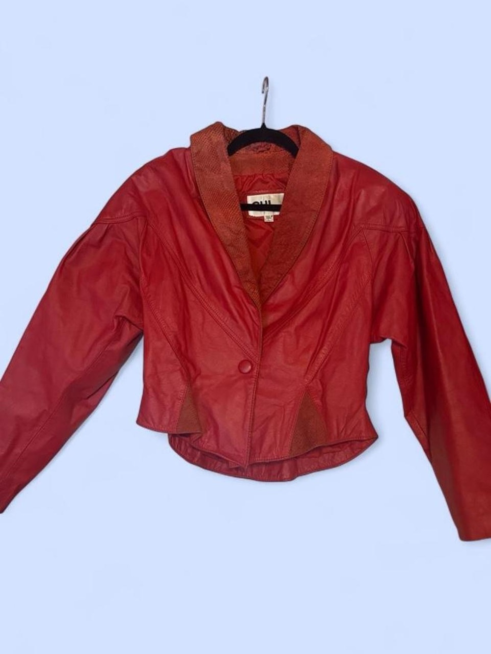 Red Women's Leather Jacket with Textured Collar